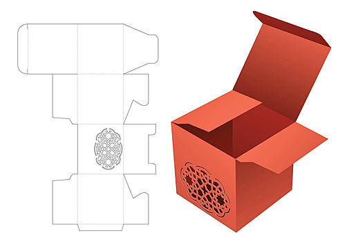 Packaging dieline alongside a 3D rendered red box mockup.